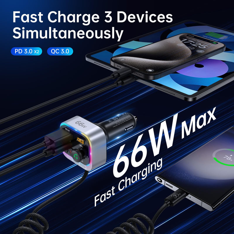 Syncwire Bluetooth 5.3 FM Transmitter Car Adapter, 66W PD QC 3.0 Fast Charge Car Charger with USB-C Coiled Cable, Wireless FM Radio Adapter, Strong Mics, Bass HiFi Sound, Hands-free Call, Light Switch