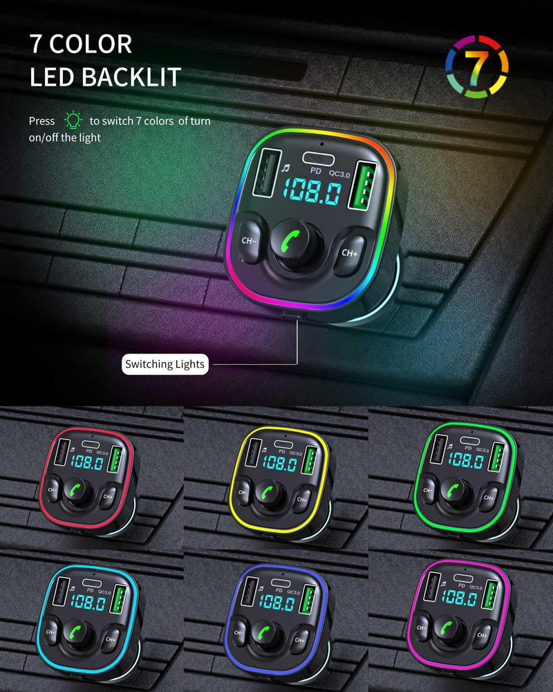 Bluetooth 5.3 FM Transmitter Car Adapter - FM Transmitter Bluetooth with Fast Charger [PD 30W & QC3.0 18W]，Hi-Fi Audio & Clear Calls, 7 Colors LED Backlit