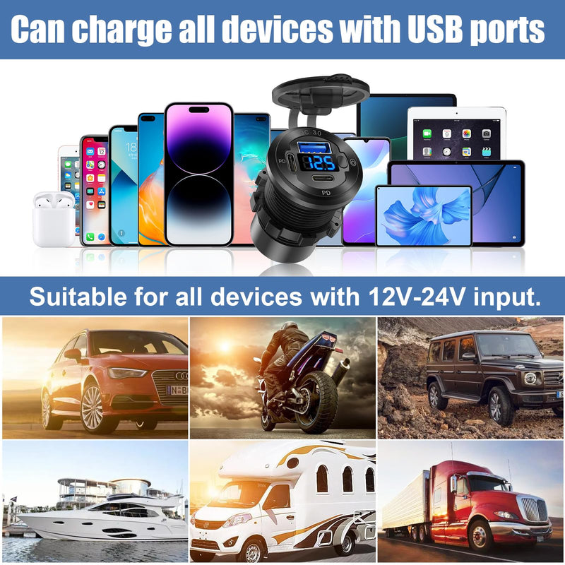 2 PACK 12V USB Car Socket Round USB C 12V Outlet, 3-Port Marine USB Fast Charger Waterproof Cigarette Outlet USB Replacement Aluminum with Switch & Voltmeter, Suitable for Boat Golf Cart RV Motorcycle