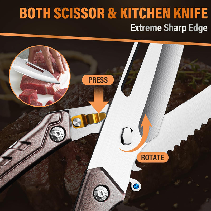 Huusk Heavy Duty Poultry Scissors - Kitchen Scissor for Food with Serrated Edge, Detachable Sharp Shears for Cutting Meat, Chicken Bone and Turkey, Scissors All Purpose for Thanksgiving (Brown) Brown