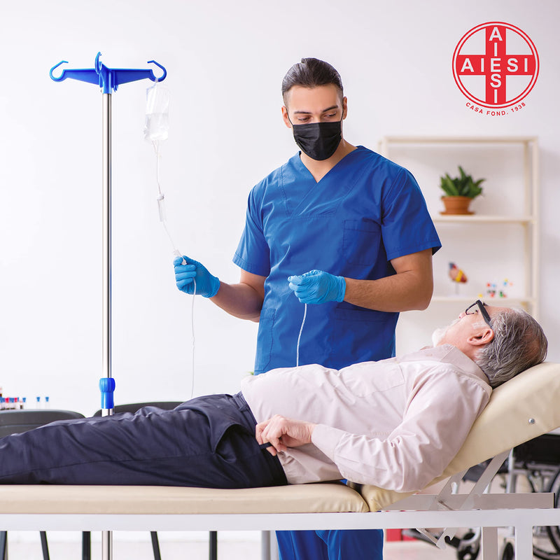 AIESI® IV stand made of STAINLESS STEEL with 4 plastic hooks and rotating wheels with brakes, free 2 bottle holders 100 ml, guarantee 24 months