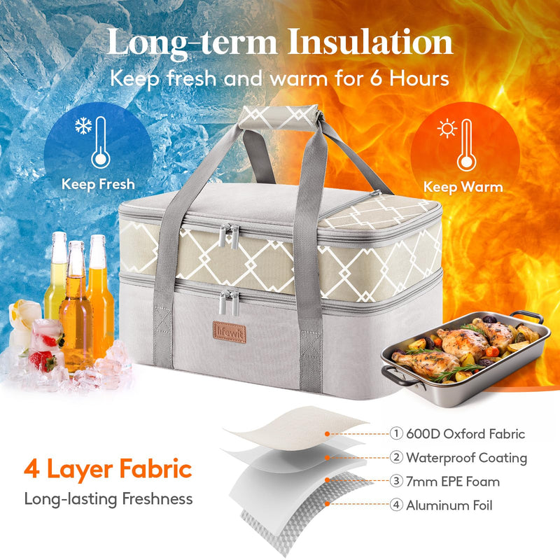 Lifewit Insulated Double Decker Casserole Carrier, Lasagna Lugger Holder for Hot or Cold Food, Fits 9" x 13" Baking Dish, Thermal Lunch Tote Bag for Potluck Parties, Picnic and Cookouts, Grey Gray 15.7 x 11.4 x 8.3inch