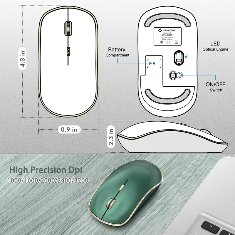 JOYACCESS 2.4G Slim Wireless Silent Mouse, Portable Wireless Computer Mouse with 5 Adjustable DPI Levels, USB Mouse for Desktop, Notebook, MacBook, Chromebook, PC (Green) Green