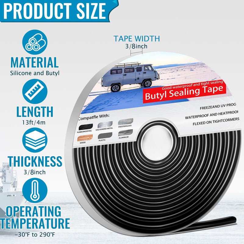 Butyl Sealant Tape, 3/8''×13'Headlight Sealant, 1 Roll Butyl Rubber Sealant,Promote Sealing Purpose- autty Tape for Automotive (Car, RV, Marine) for Installing Car Part