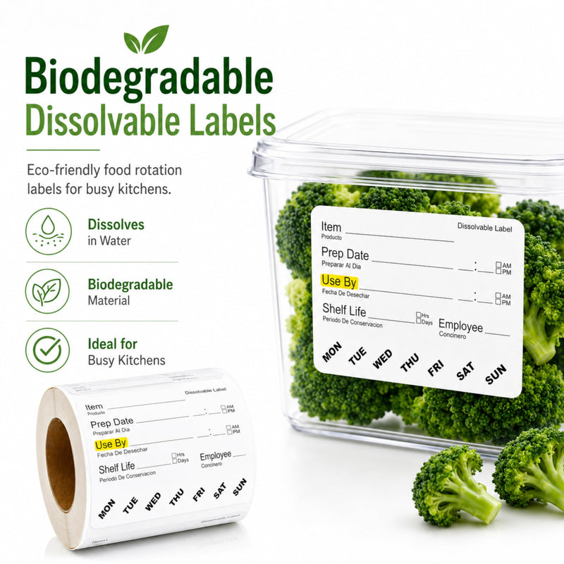 ChromaLabel Dissolvable Food Labels, 2" x 3", 2500/Roll, Food Rotation Labels for Prep Date, Use By and Shelf Life, Writable Freezer Labels for Food Containers, Biodegradable, No Residue