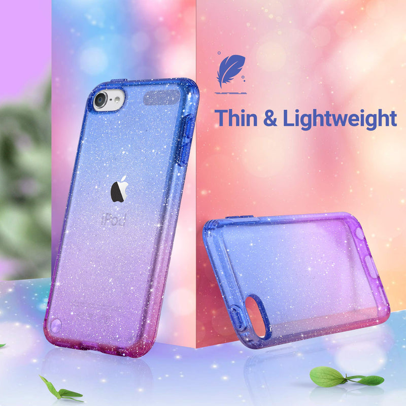 ULAK Clear Gradient Glitter Case for iPod Touch 7th/6th/5th Generation, Hybrid Slim Cute Case for Girls Women, Shockproof Anti-Scratch Soft TPU Bumper Cover for iPod Touch 7/6/5, Blue+Purple Purple