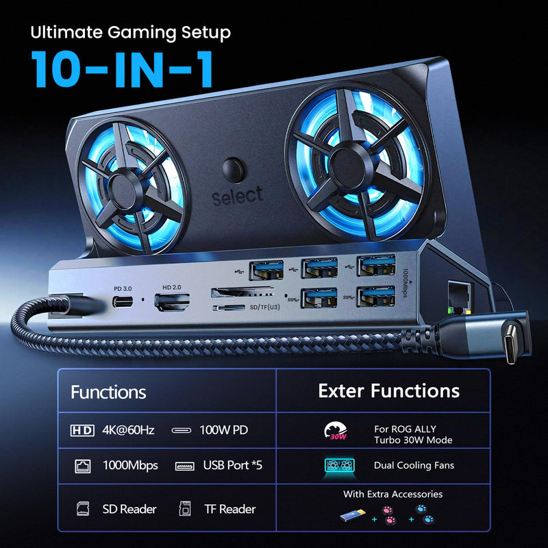 Docking Station for Steam Deck ROG Ally with Dual Cooling Fans, 10-IN-1 Stream Deck Dock with 4K@60Hz, 1000Mbps Gigabit Ethernet, 5USB Ports and 100W Charging Port for Steam Deck OLED/Switch/Legion Go