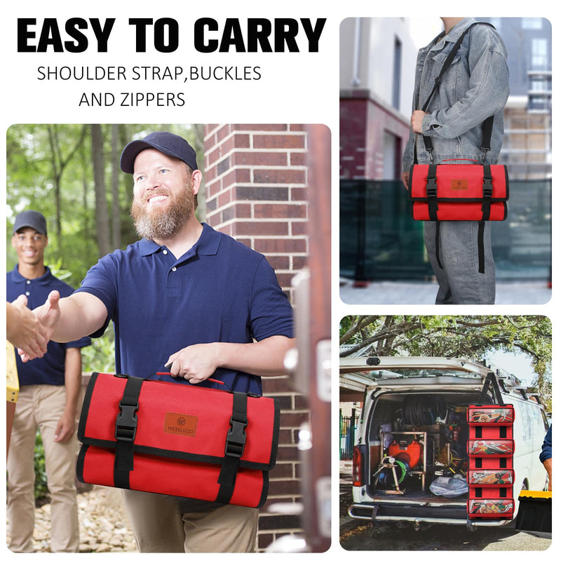 Canvas Tool Roll Up Bag, Multi-Purpose Wrench Organizer, Hvac Tool Bag with 4 Pockets (Red) 4 Zipper Pockets Red