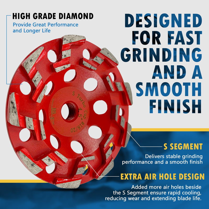 4.5" High Performance Diamond Grinding Wheels for Aggressive Concrete, Paint, Epoxy, Mastic, Coating Removal, #18/20 Grit, S Segments, 5/8"-11 Arbor 4.5" Diameter / S Segments 5/8"-11 Threaded Arbor