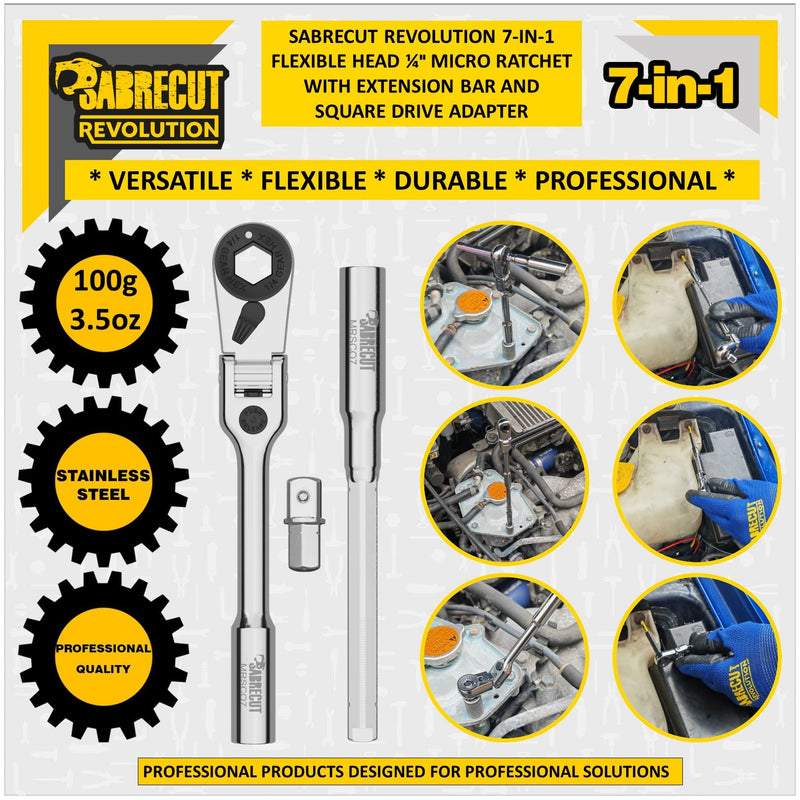 1 x SabreCut MRSC07 7-in-1 Flex Head 6.3mm 1/4" HEX Magnetic Mini Micro Ratchet with Extension Bar and 1/4" Square Drive Socket Adapter Stainless Steel Professional 60 Tooth Gear Hand Ratchet Wrench