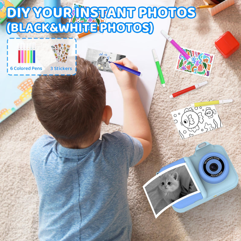 Kids Camera Instant Print,Kids Digital Camera 1080P HD Dual-Lens Selfie,Instant Print Camera with 5 Rolls Paper & 32GB Card,Toddler Camera Christmas Birthday Gifts for Boys Age 3-12 Blue