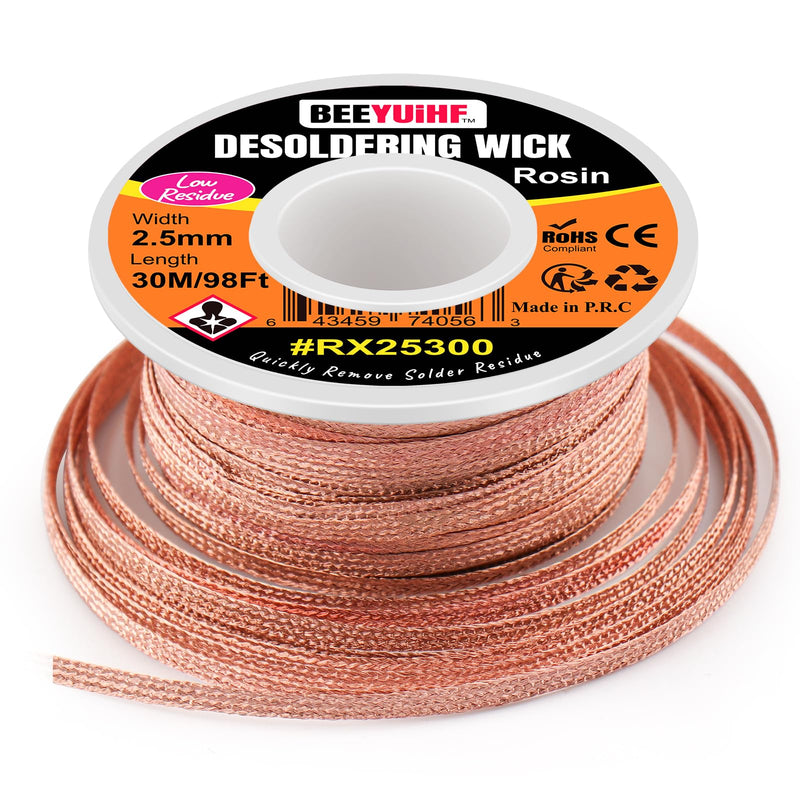 BEEYUIHF Desoldering Braid, 30M - 98ft Desoldering Wire, 2.5mm No-Clean Solder Desoldering Braid, Wicks Strands for Desoldering, Desoldering Wick for Removing Solder for Disassembling Electrical Components 30m Spool 30M - 98ft Length