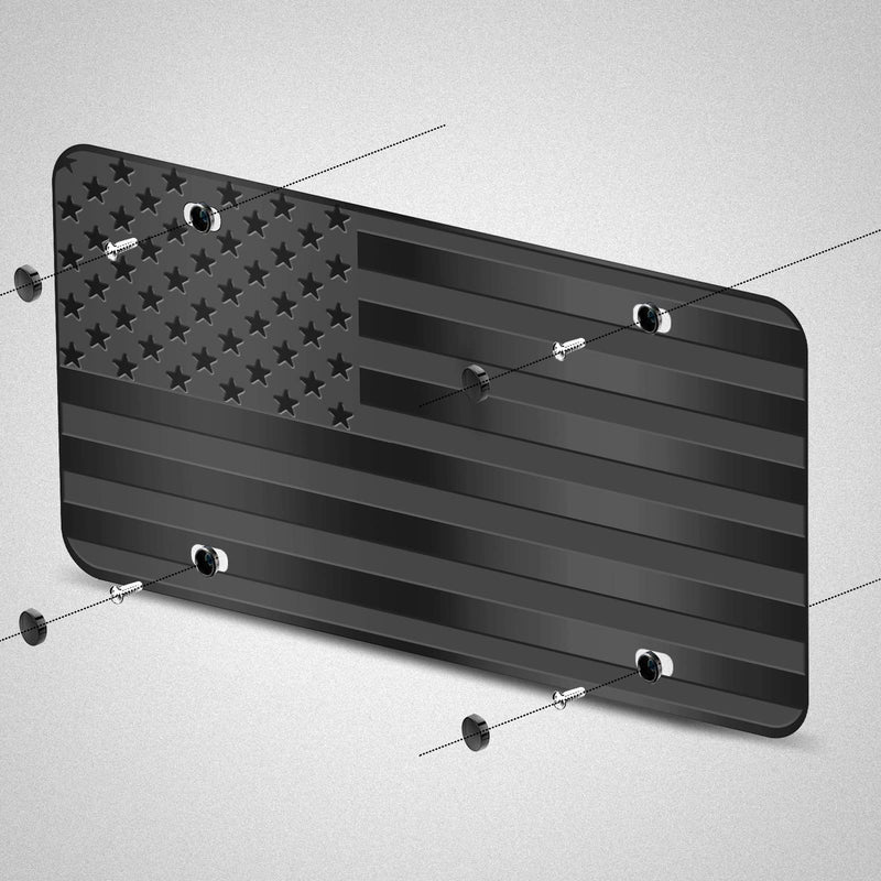 American Flag License Plate, Black Front Flag License Plates with 4 Holes,Custom Novelty Vintage Aluminum Metal 3D Embossed US License Plate with Screws Caps, 6 * 12 inches