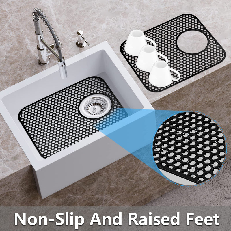 Sink Protectors for Kitchen Sink,2 PCS Silicone Kitchen Mat 13.58"x11.6",Non-Slip Bottom Guard Compatible with Farmhouse/Stainless Steel/Porcelain(Black, Rear Drain) 13.58"x 11.6"-Rear Drain(Black)