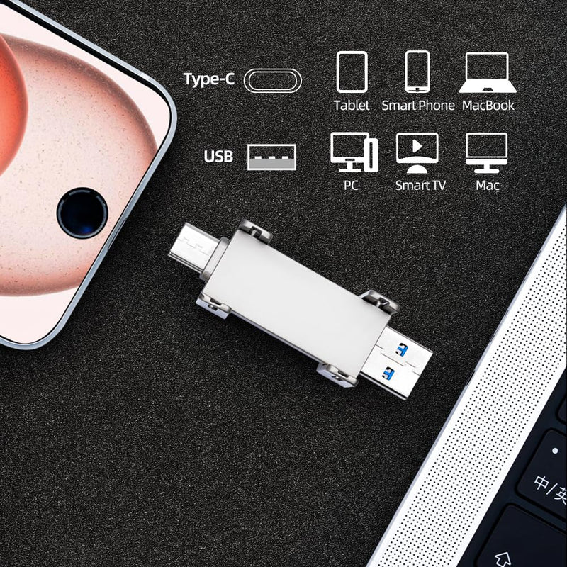 USB Drive 128GB External SSD,USB 3.2 Gen 2 A+C Dual Port Portable SSD,Up to 550MB/s for Data Storage, External Solid State Hard Drive for iPhone 15/16 /Android/PC/Mac/Laptop 1 silvery