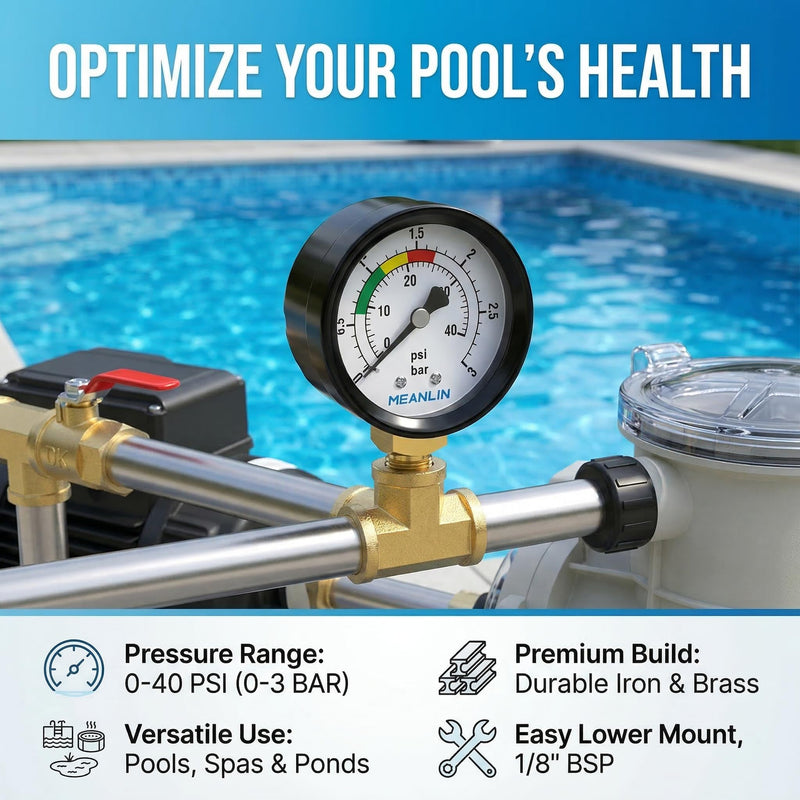 MEANLIN MEASURE 0~3Bar/0~40Psi Swimming Pool Pressure Gauge, 1/8 Inch BSP 2 Inch Face Dial for Pools, Hot Tubs, Fish Ponds, with 1/4 Inch BSP and 3/8 Inch BSP Hex Socket, Bottom Mounting 1/8"BSP Bottom mounted