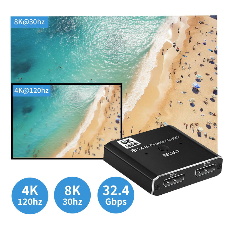 8K Bidirectional DisplayPort Switch 2 in 1 Out/ 1 in 2 Out DP 1.4 Switch Display Port Switcher for PC Monitor Laptop Etc Dark black