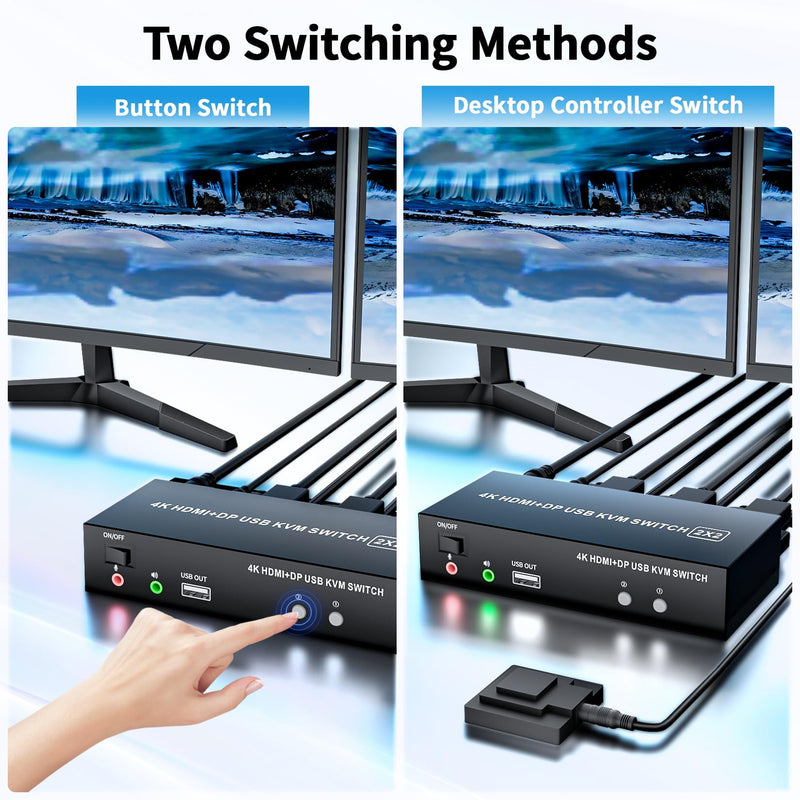 HDMI Displayport KVM Switch 2 Monitors 2 Computers, 4K@60Hz USB 2.0 DP 1.4 KVM Switch w/Audio Micro, Dual Monitor Supports Extended/Mirror Mode, 2-Port for 2 PC Share 1 Set of Keyboard Mouse Printer USB 2.0 2 PC 2 Monitors (HDMI+DP)