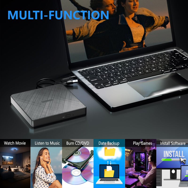 External CD Drive, USB 3.0 & Type-C Portable CD DVD Burner +/-RW DVD Player for Laptop, External CD/DVD Drive for Laptop, Desktop, PC, CD Drive External USB Compatible with Windows 7/8/10/XP Linux OS