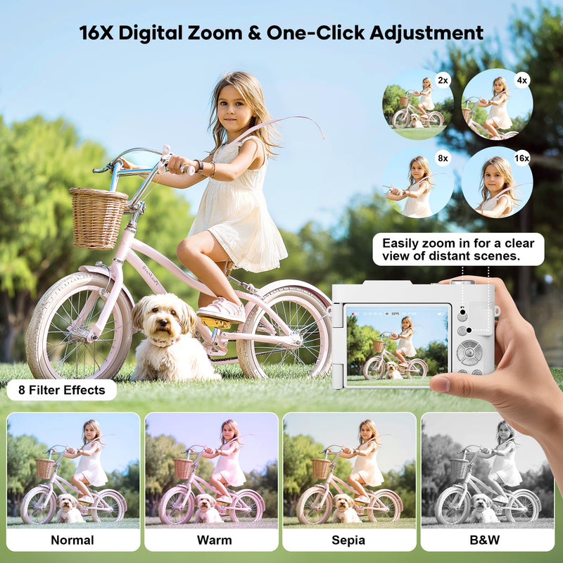 4K Digital Camera for Photography, Small Vlogging Camera with Flip Screen for YouTube, 50MP 16X Zoom, Portable Travel Cameras with 32GB SD Card for Beginners(White)