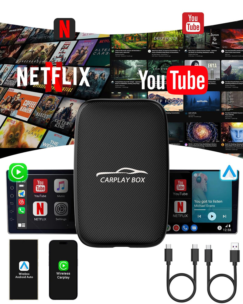 Wireless CarPlay Adapter with Netflix YouTube-Android Auto Wireless Adapter Magic Link Ai Box Support Mirroring/TF Card Converts Wired to Wireless Carplay Dongle for iPhone/Android Plug&Play No Delay