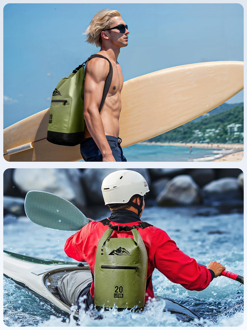 HEETA Waterproof Dry Bag with Front Zippered Pocket for Women Men, 5L/10L/20L/30L/40L Roll Top Lightweight Dry Storage Bag Backpack for Travel, Kayaking, Boating, Rafting, Camping, Hiking & Beach Green 10L