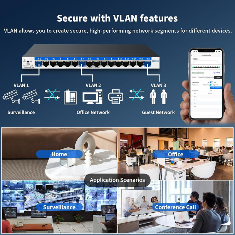 16 Port Gigabit Switch, Easy Smart Managed Ethernet Switch, Network Hub, Ethernet Splitter, Plug & Play, Fanless Metal Design, VLAN, Qos, Desktop or Wall Mount 16 Gigabit Ports|Easy Managed