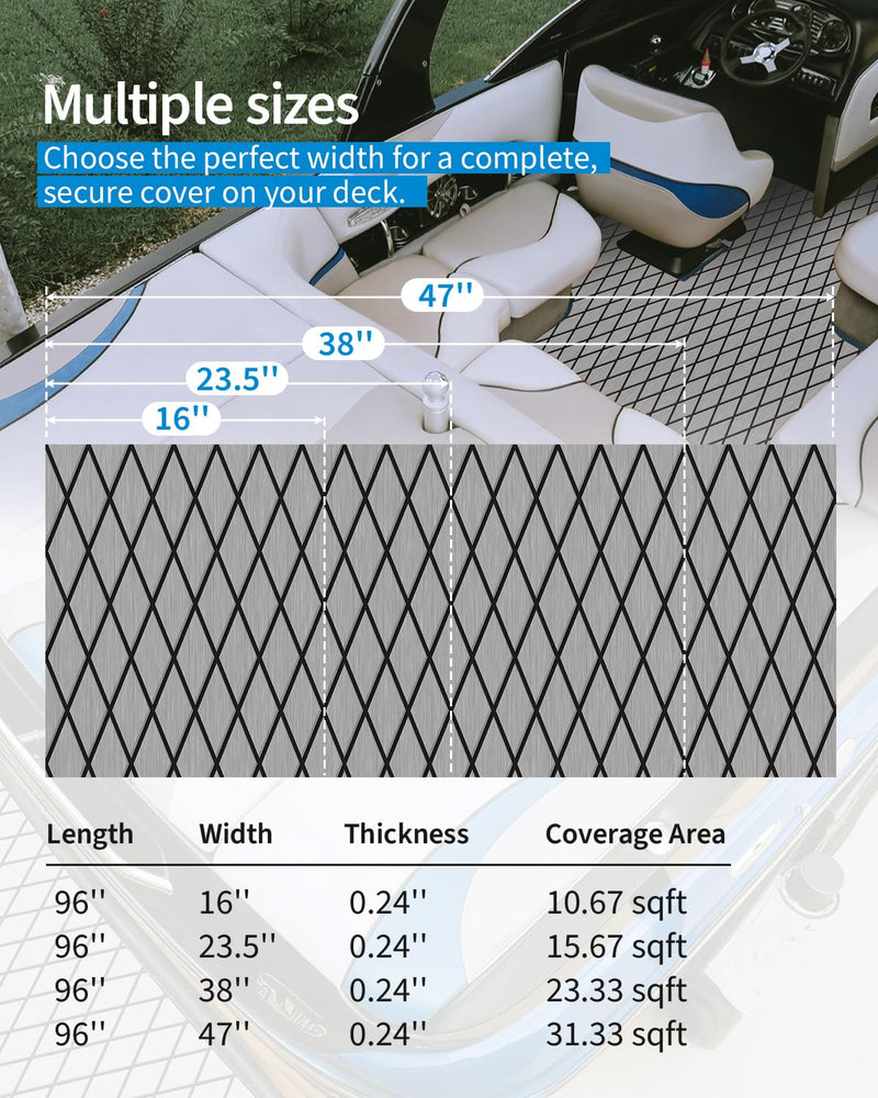 OCEANBROAD Diamond Boat Flooring with Self-Adhesive 96''x16''/38''/47'' | Double-layer, Non-Slip, 6 mm Eva Foam Marine Decking, Easy to Install, For Motor Pontoon Boats, RV Floor, Kayak, Surfboard Gray with Black Lines 96''L x 16''W-10.67sqft