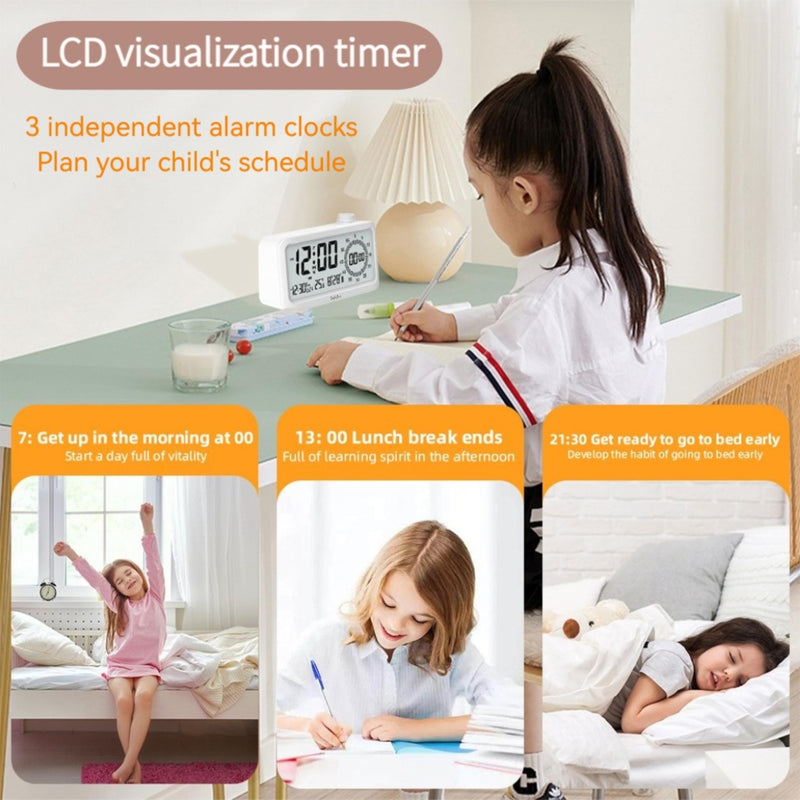 Visual Alarm Clock Timer with LCD Display, 3-Level Adjustable Backlight，Temperature Date, Silent Operation,3 Alarms, Snooze, Type-C Charging for Kids Studying/Office/Sleeping/Cooking(White)