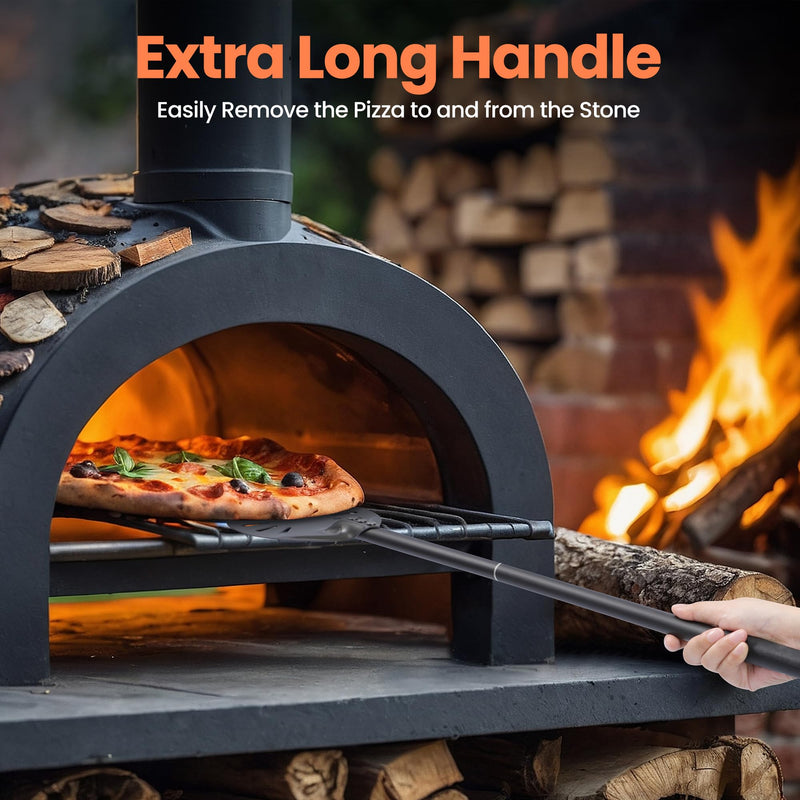 6” Pizza Turning Peel - Extra Long Handle Pizza Turner - Restaurant-Grade Aluminum Perforated Pizza Peel Lightweight Metal Outdoor Pizza Oven Accessories 6” Extra long handle turning peel Black
