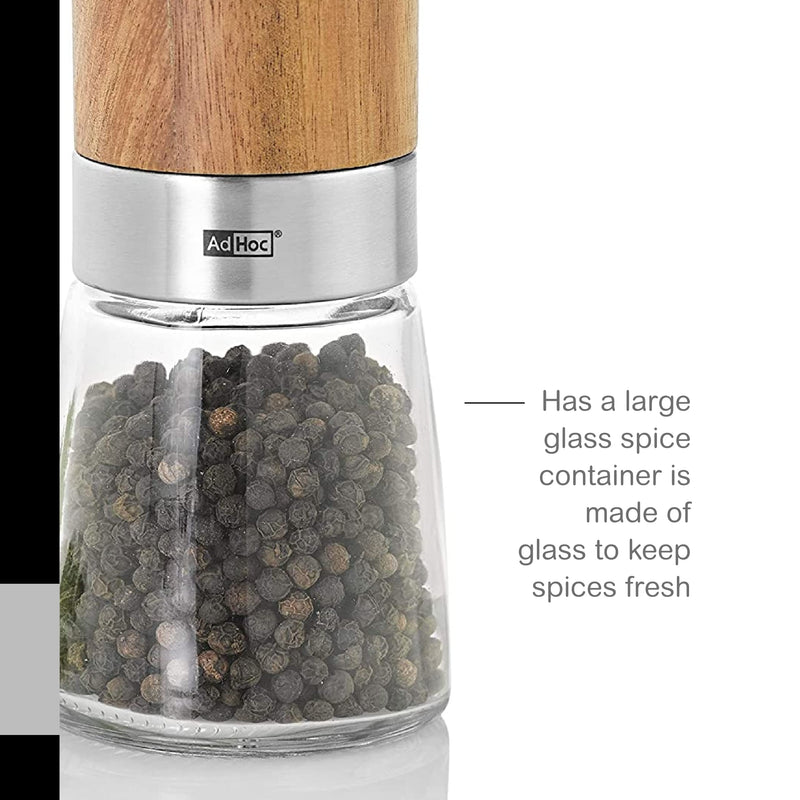 AdHoc Akasia Wood Salt or Pepper Mill - Salt & Pepper Seasoning Mill - Manual & Adjustable Grinder for Modern Kitchens