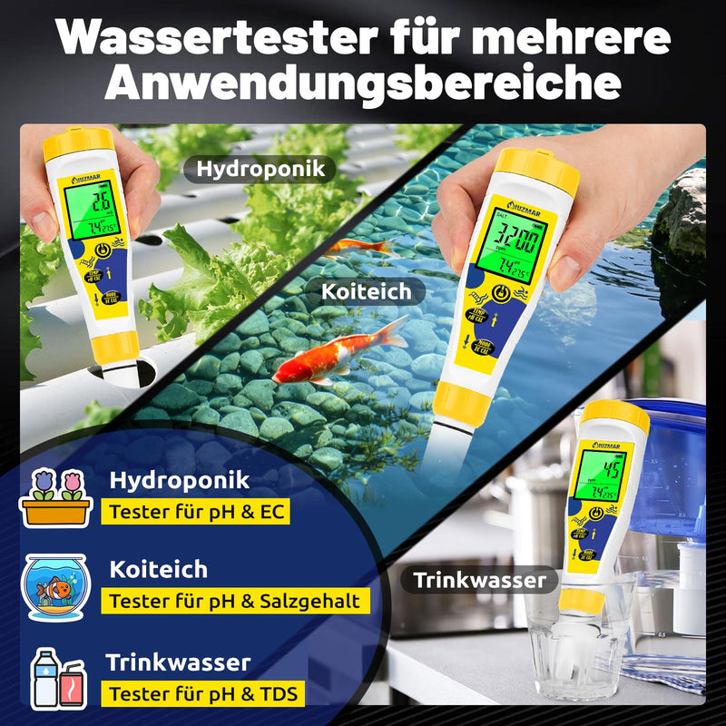 UIUZMAR Digital pH and Chlorine Meter Pool, 7-in-1 pH Salt Tester for Spa | Multifunctional pH salt content EC TDS ORP meter with simultaneous display for whirlpool, swimming pool, hydroponics yellow