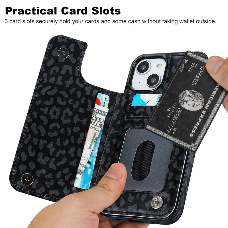 HAOPINSH for iPhone 13/14 Wallet Case with Card Holder, Black Leopard Cheetah Pattern Back Flip Case PU Leather Kickstand Card Slots Case for Women Girls, Double Magnetic Clasp Cover 6.1"