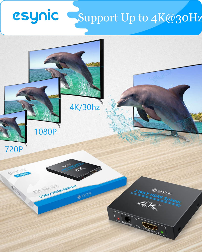eSynic Portable 4K/30HZ HDMI Splitter 2 Way HDMI Adapter 1 in 2 Out [Only Mirror No Extend Mode] HDMI 1.4 Version for HDTV PS4 Blu-ray Player Laptop Satellite [Not Support HDCP Bypass]