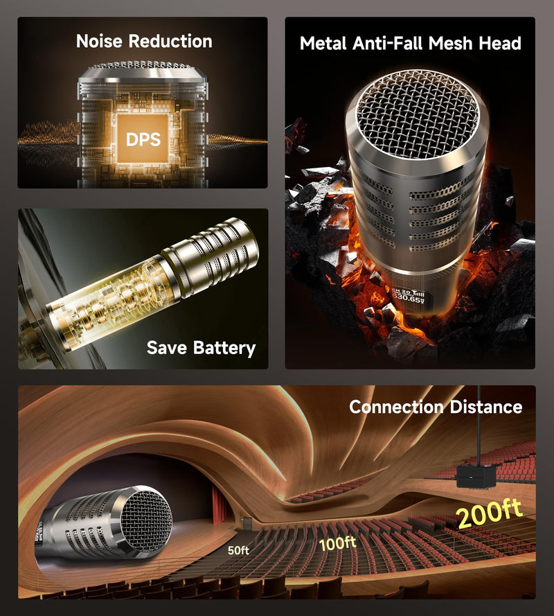Wireless Microphones, Microphone with One-to-One Chip Connection and Rechargeable Receiver, 40H Duration, 200FT Range Receiving, Less Latency, Metal construction Microphone for Singing