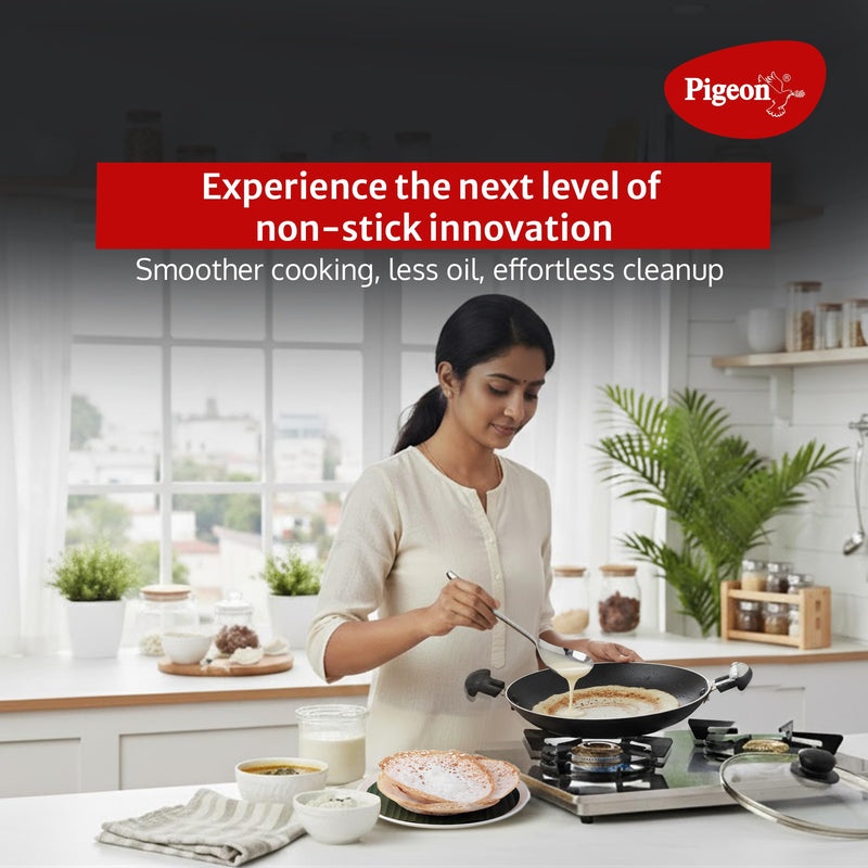 Pigeon Non Stick Appam Pan, 8" Appam Kadai with Stainless Steel Lid, Residue Free Appam Maker for Induction Cooker, Appa Chatty Breakfast Appam Pan Patra, Palappam Maker, Egg Hopper Pan for Omelettes