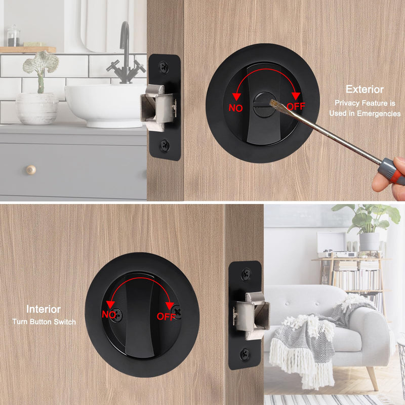 Dontay 2 Pack Pocket Door Privacy Lock, Flush Handles, 2-3/8" Backset, (Bed/Bath) Latch, Recessed Knob, Hardware for 1 3/8” to 2 3/16” Thickness Door (Excluding Edge Pull, Matte Black, Round) Round - 2 Pack Excluding Edge Pull