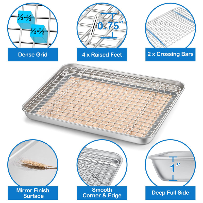 P&P CHEF 12.5 x 9.7 x 1 Inch Toaster Oven Pan with Grid Rack and Silicone Mat, Stainless Steel Toaster Oven Tray Baking Pan with Cooling Roasting Rack, Dishwasher Safe (3Pcs)