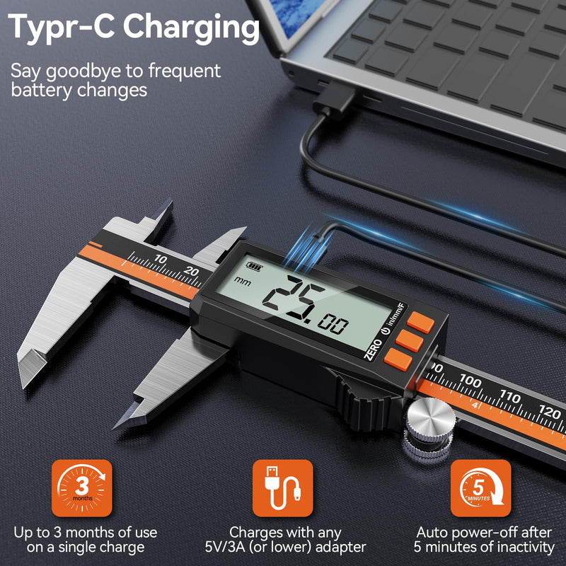 Preciva Digital Caliper 6", Rechargeable Stainless Steel Micrometer | Type-C charging, durable steel body, large LCD with auto-off saves power, in/mm/frac, for 3D-printing machining woodworking 6 Inch