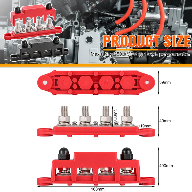 250A Busbar M8, Busbar 12V-48V DC with Cover, Includes Cable Lugs, Heat Shrink Tubing and Screw Terminals for Motorhome, Boat, Yacht, Car and Marine M8-Bausatz