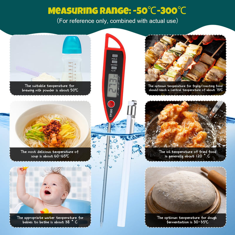 6 Set Waterproof Food Thermometer for Water, Liquid, Candle and Cooking Digital Meat Thermometer with Long Probe Instant Read for Kitchen BBQ Grill Candy (Black,White,Red) 6 Black, White, Red