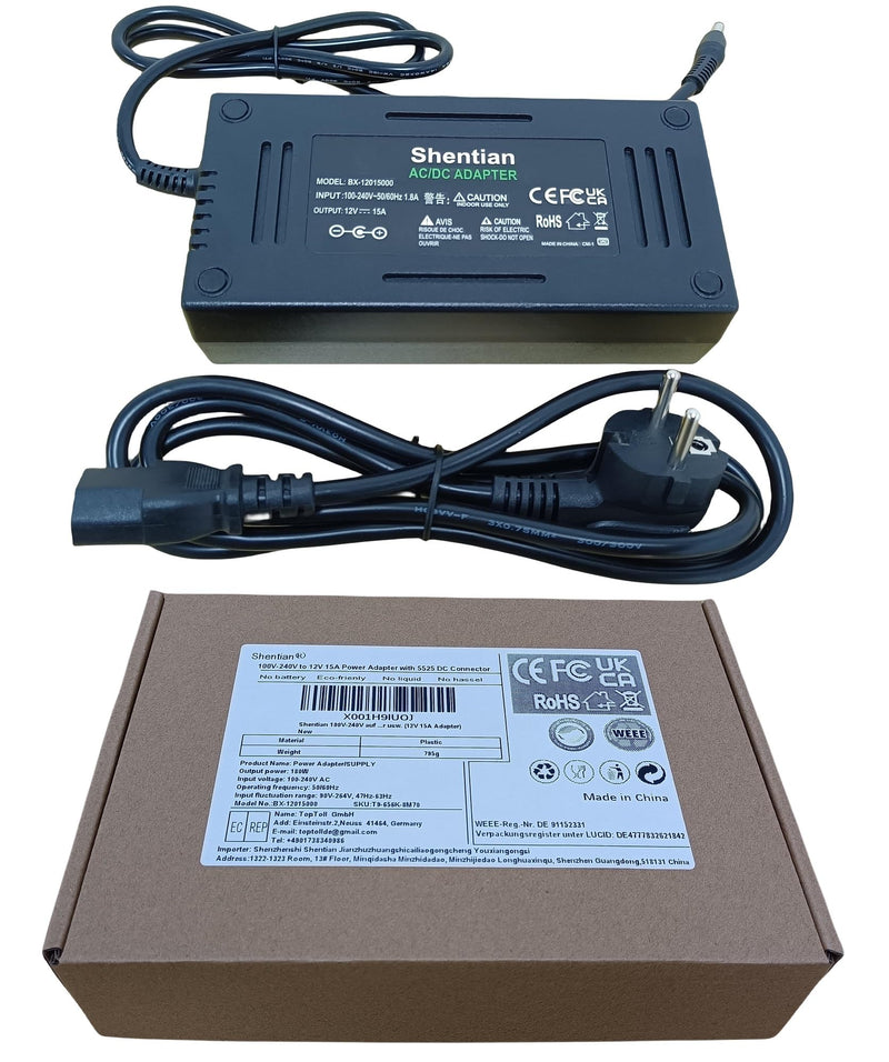 Shentian 100V-240V to 12V power supply switching power supply with 5.5 x 2.5mm DC plug for 5050 3528 LED strip, 3D printer LED driver, CCTV, security system LCD monitor etc. (12V 15A adapter) 12V 15A adapter