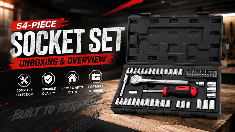 DuraMax Socket Set, 54-Piece Mechanic Tool Set with 1/4 & 3/8 Inch Drive SAE & Metric Sockets, Ratchet Wrench, Torx & Hex Bit Set, Extension Bar, Adapter and Storage Case