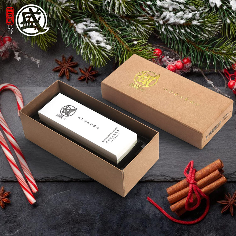 MITSUMOTO SAKARI Professional Japanese 1000/3000 Grit Sharpening Stone | Sharpening and Honing, White Corundum Whetstone, Controlled Water Absorption, Bamboo Base, Kraft Box