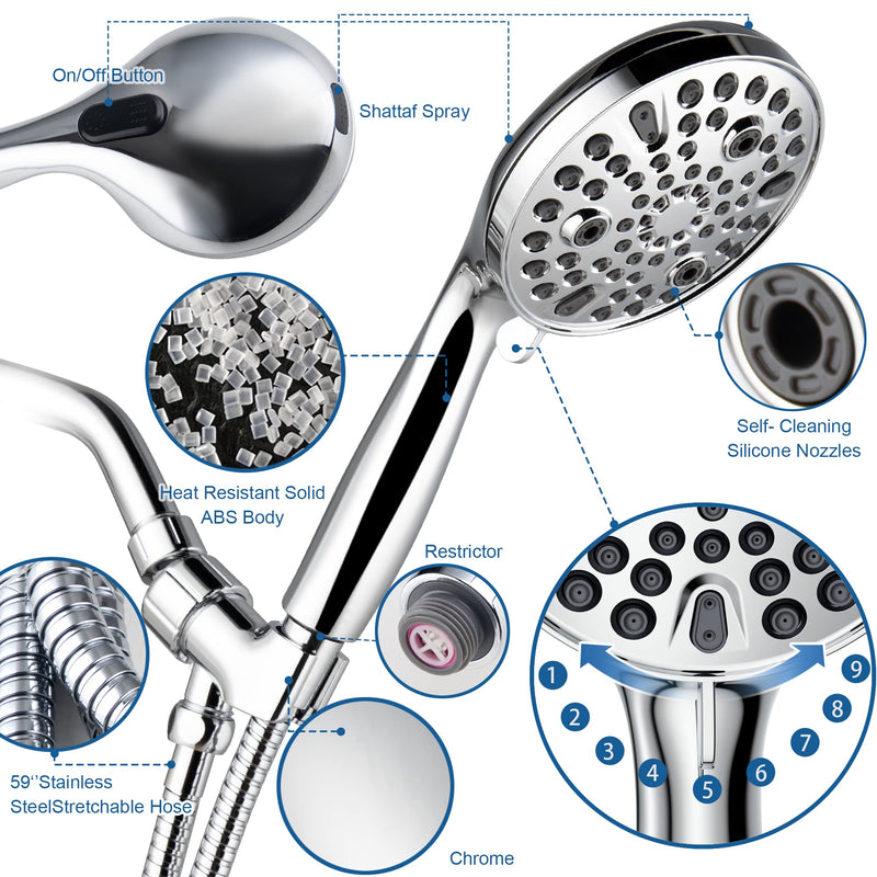High Pressure Handheld Shower Head, 10-Setting Showerhead, 4.7”Detachable Showerhead Set with 5ft Hose, Adjustable Bracket and Built-in Power Wash to Clean Tub, Tile & Pets - Polished Chrome