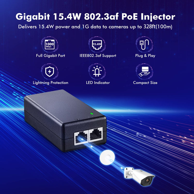 MokerLink Gigabit PoE Injector, 802.3af 15.4W, 10/100/1000Mbps Ethernet, Plug & Play, Non-PoE to PoE Adapter, Distance Up to 100 Meters (328 ft.) 15W