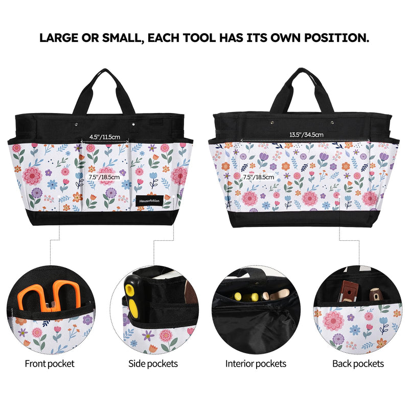 Housolution Gardening Tote Bag, Deluxe Garden Tool Storage Bag and Home Organizer with Pockets, Wear-Resistant & Reusable, 14 Inch, White Floral