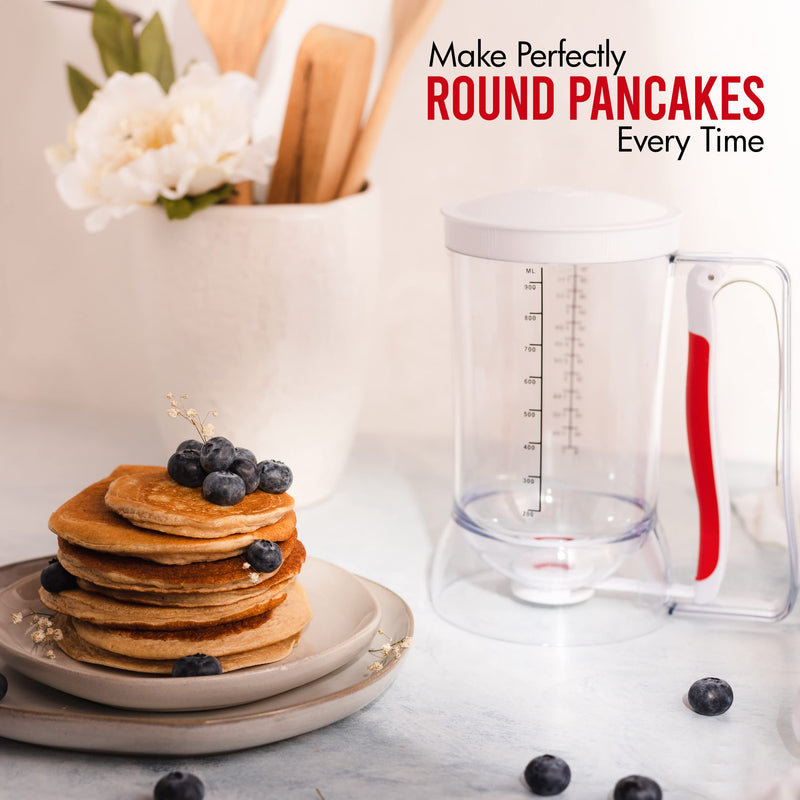 Kid Friendly Mess Free Pancake Cupcake Batter Dispenser Squeeze Handle for Precise Portion Control, Great for Waffles, Crepes | 4 Cup Capacity (White) White