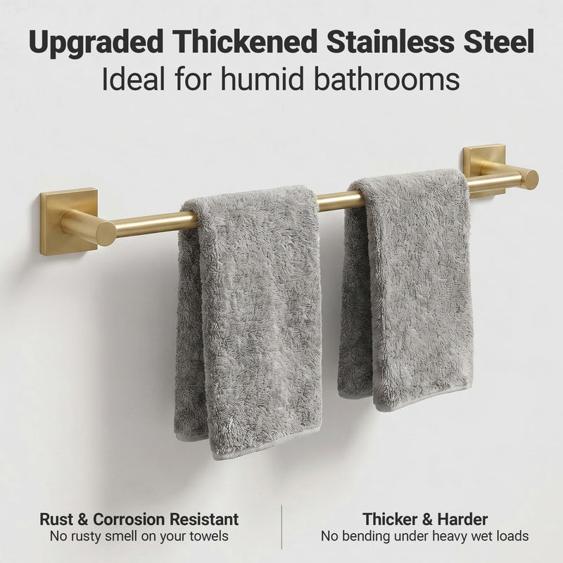 24-Inch Wall Mounted Towel Racks for Bathroom – Space Saver 4-Piece Durable Stainless Steel Bathroom Hardware Set with Towel Bar, Towel Ring, Toilet Paper Holder & Hook, Gold Golden Square