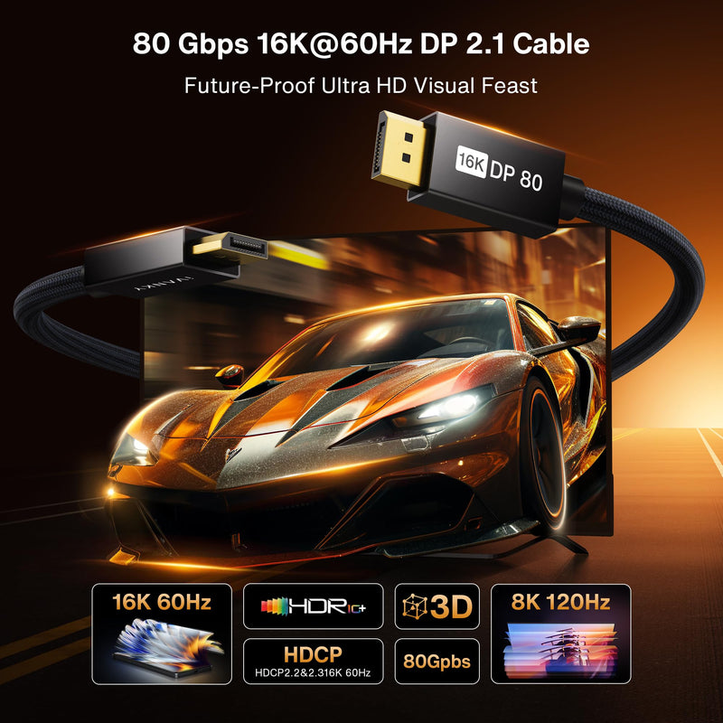 IVANKY 80Gbps 16K DisplayPort 2.1 Cable 10FT, 16K DP Cable 2.1, [16K@60Hz 8K@240Hz 4K@540Hz 480Hz 240Hz, HDR DSC], DP80 Display Cord Compatible with Monitor, Graphics 5090 7900XTX-10FT 10 Feet Black